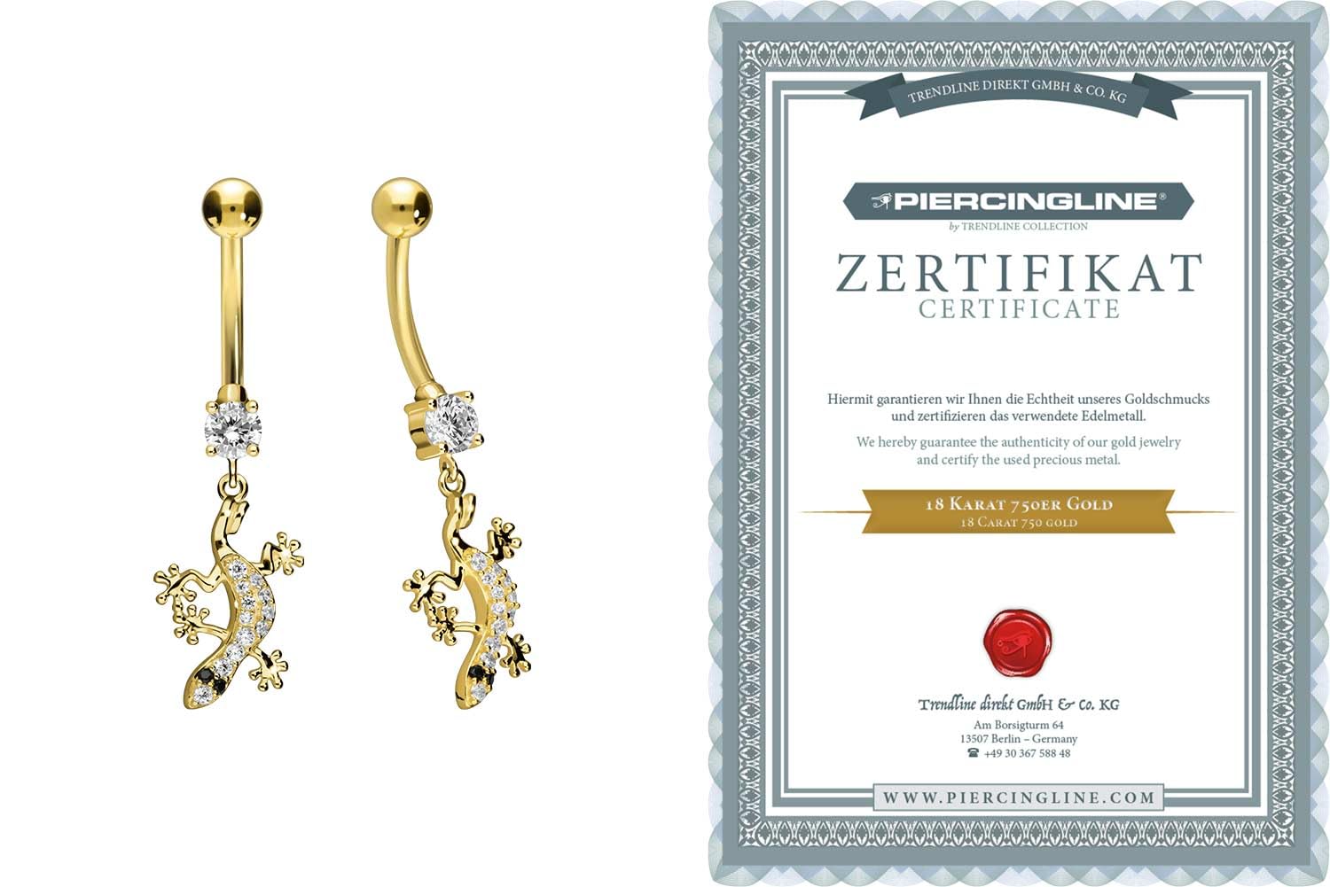 PIERCINGLINE 18 Karat Gold Bauchnabelpiercing GECKO Bananabell Piercing Gelbgold