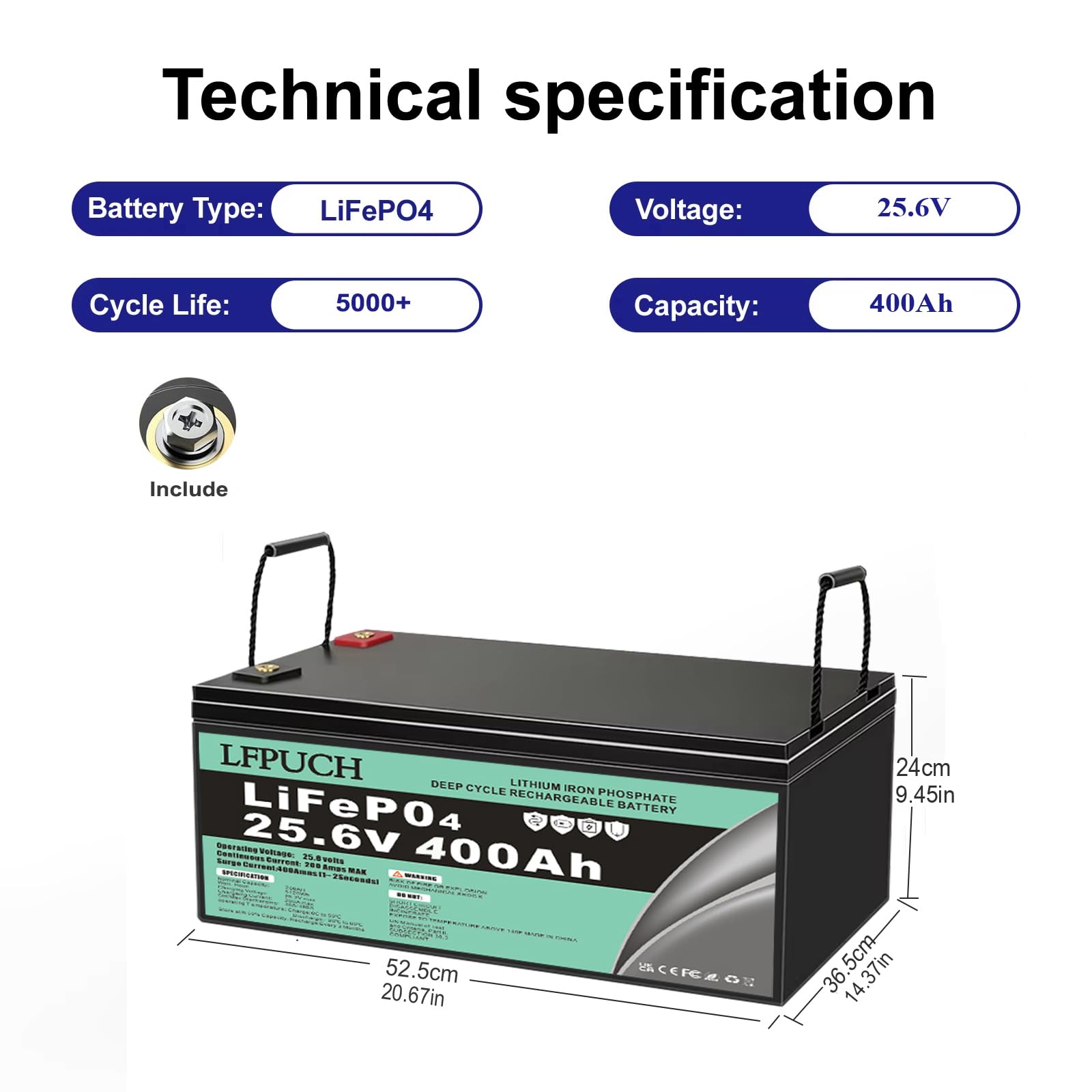 Batterie a lunga durata,Batteria Lifepo4 da 24 V (25,6 V) e 400 Ah, batteria al litio ferro fosfato a ciclo profondo da 5000 cicli, Utilizzato nei sistemi di accumulo energetico.