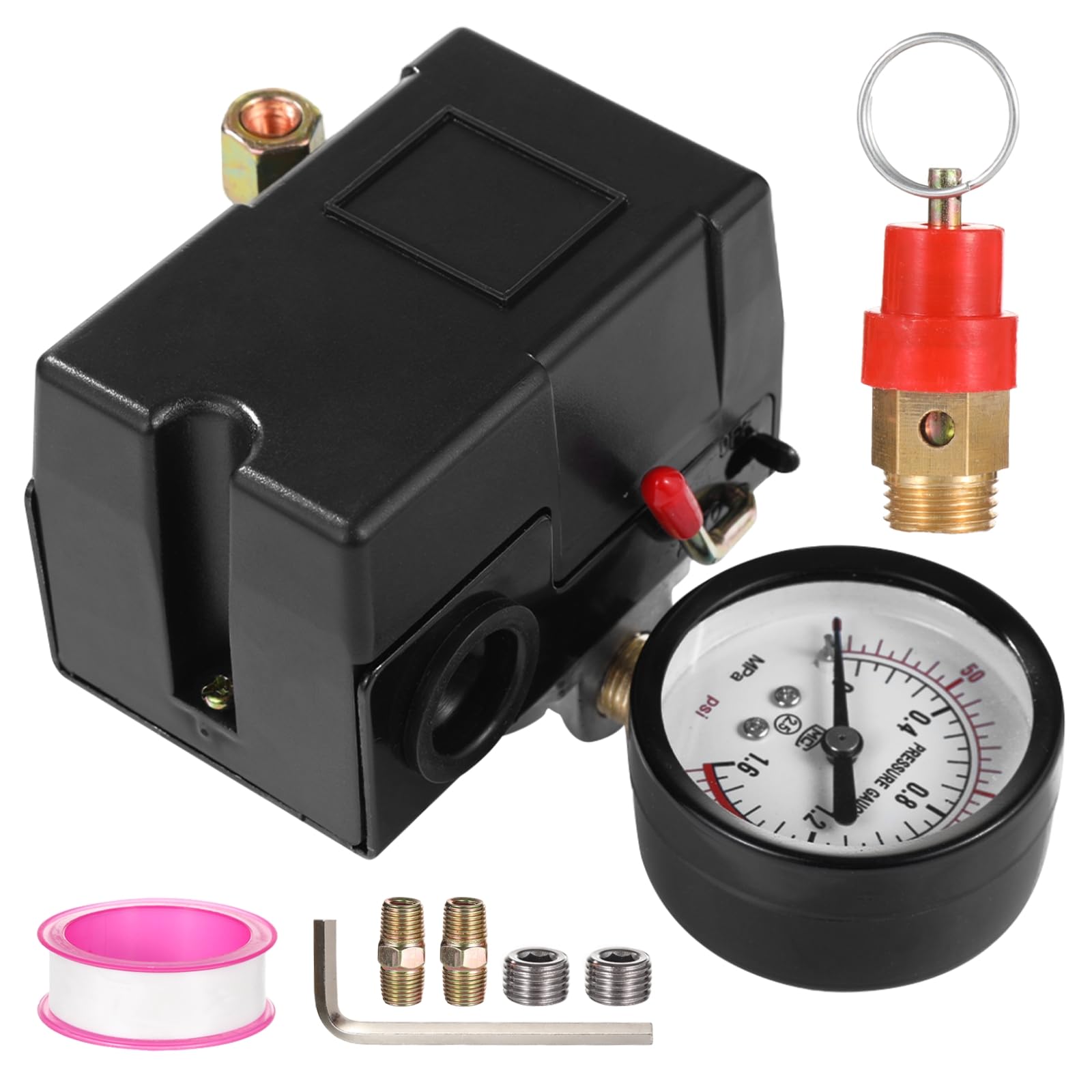Válvula de control de presión del compresor de aire, conjunto de interruptor de presión de compresor de aire de 1/4 pulgadas, 90 a 120 PSI, con manómetro y válvula de alivio de seguridad, control