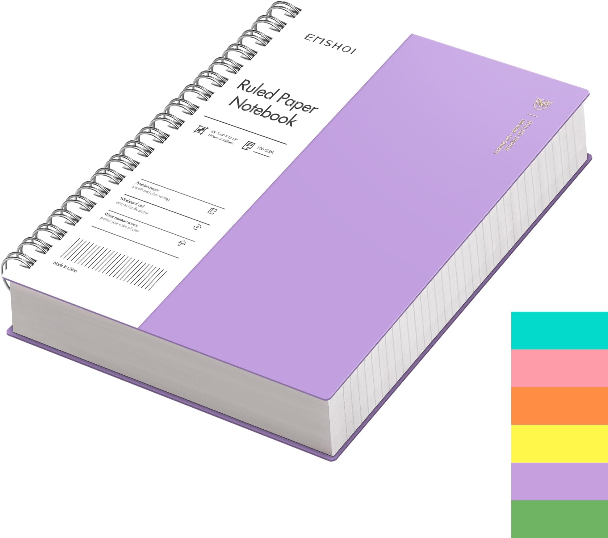 EMSHOI B5 Notebook Lined 300 Pages/150 Sheets, Spiral Notepad Multi-coloured, 100gsm Thick Paper, Waterproof Hardcover, Writing Journal for Women Men Work Office School,19 x 25 cm, Purple