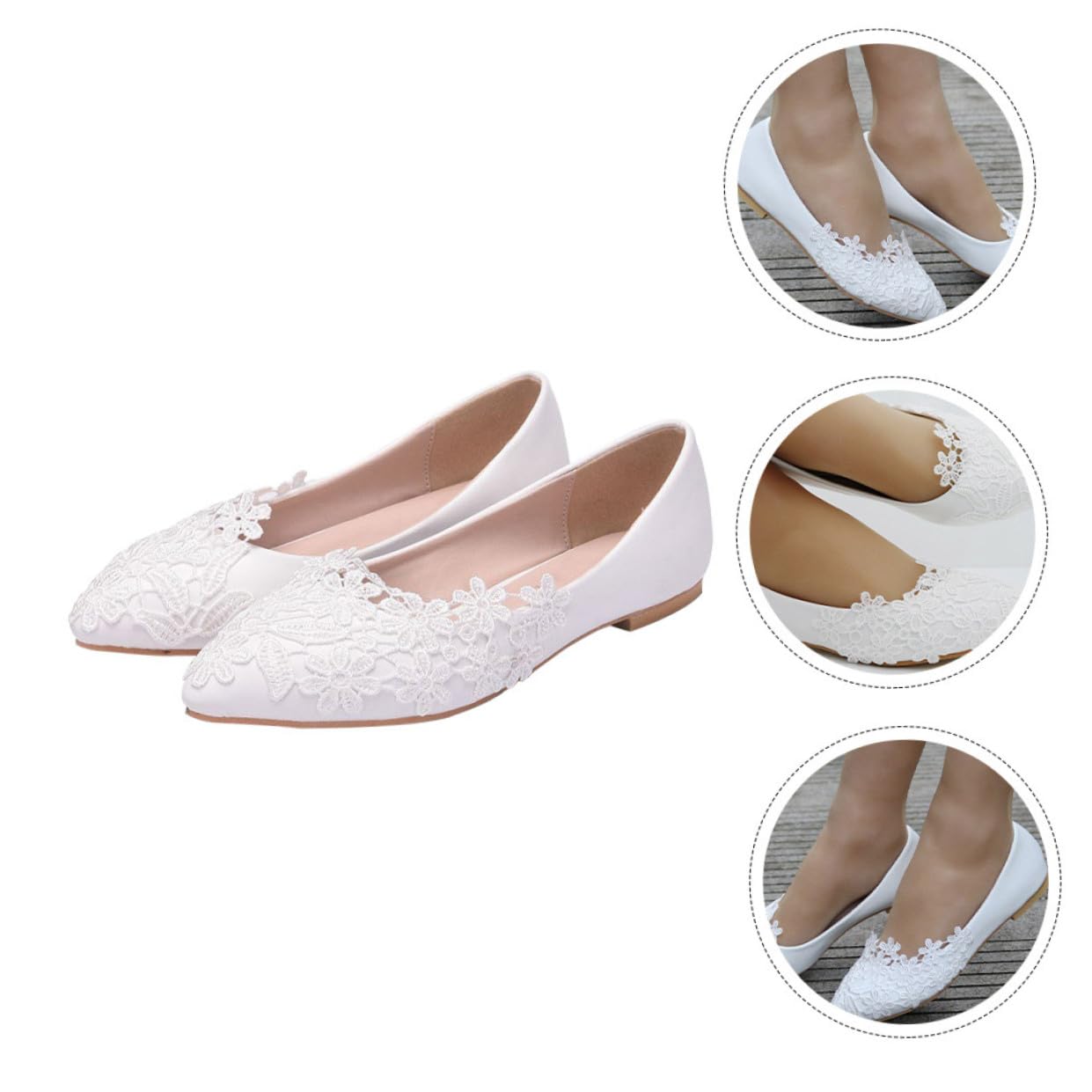 COLLBATH Hochzeitsschuhe Ballerinas Aus Spitze Kleid Braut- Frau Schuhe Elegante Flache Flache Damen Bestiegen Hochzeit Spitzen Damen Sohle: Gummi Weiß