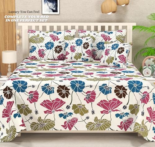 Image of VAS COLLECTIONS 220 TC Cloud Cotton 5-Piece Bedding Set for Double Bed (90x100 Inches) | Bedsheet with 2 Quilted Cushion Covers (Zipper) & 2 Pillow Covers | Pink, Blue & White