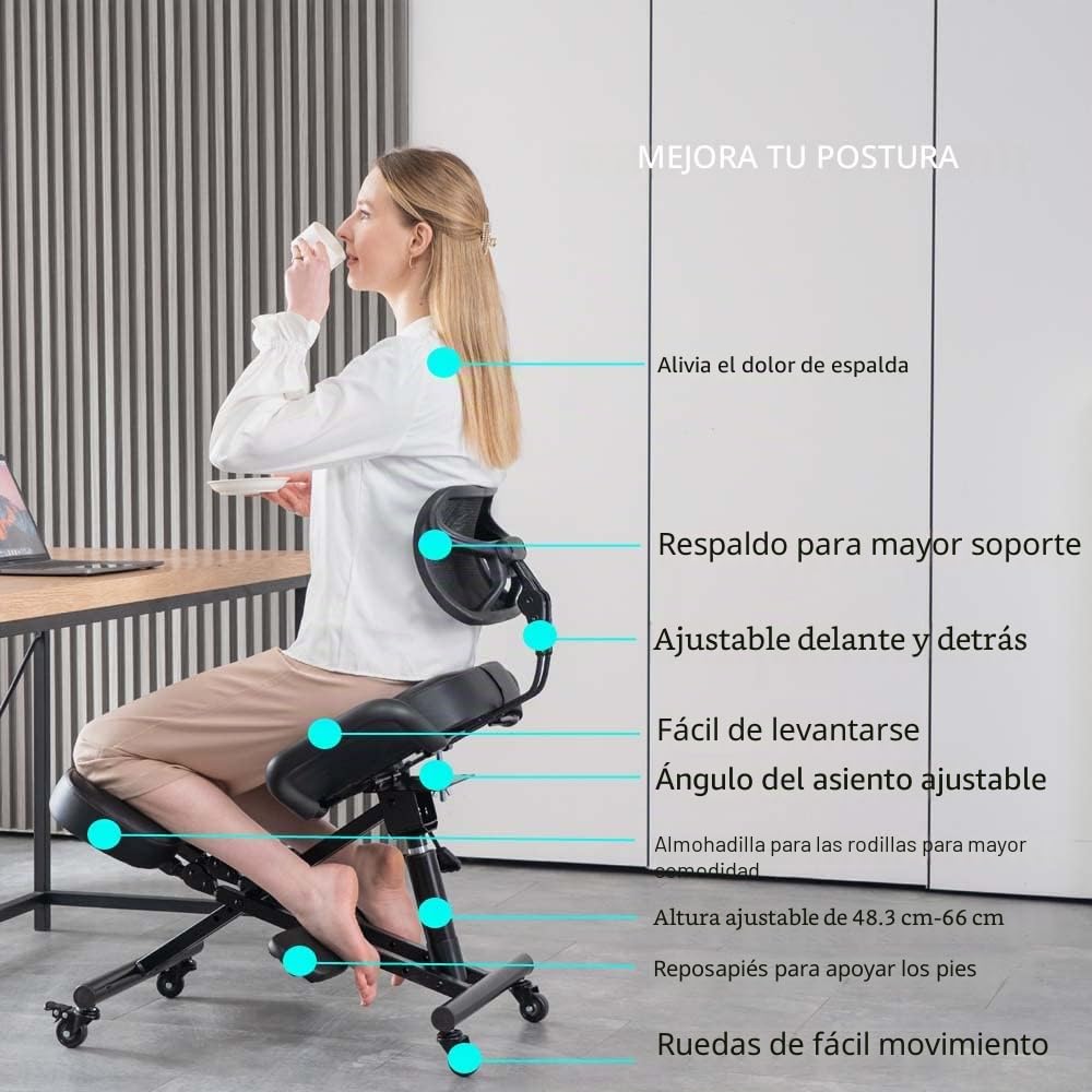 Silla de rodillas con respaldo ergonómica para oficina, taburete ajustable con asiento en ángulo para una mejor postura, cojines gruesos y cómodos, color negro