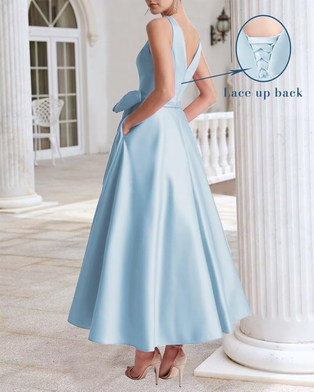 Satin Mother of The Bride Dresses with Bow V Neck A-Line Tea Length Formal Gowns - Image 5