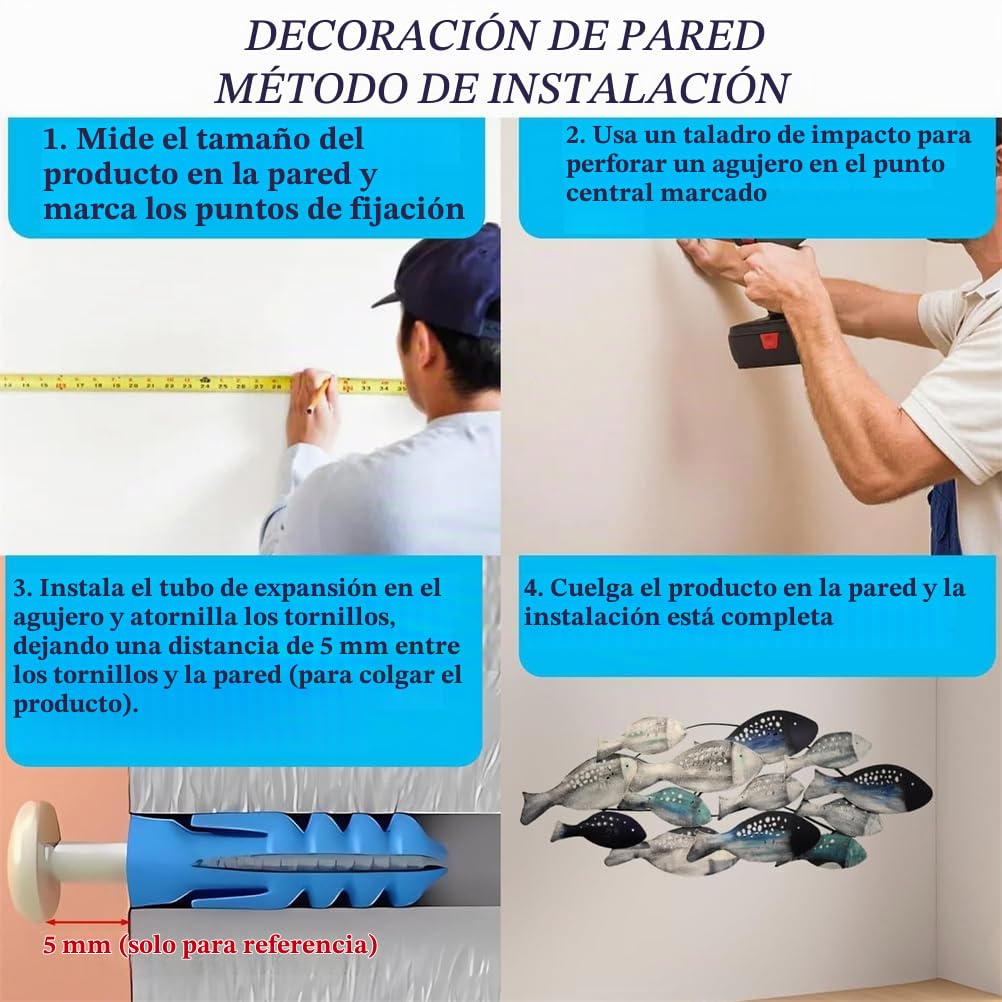 Decoración de Pared de pez de Metal con diseño costero oceánico, Escultura de pez 3D Grande de 127 x 50 cm, Arte Mural de Banco de Peces Pintado a Mano, decoración Colgante para Sala de Estar