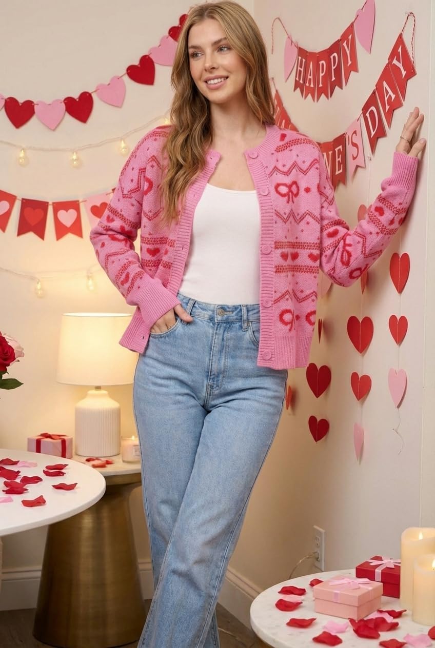 Valentine's Day Cardigan for Women Kawaii Cute Bow Heart Love Pattern Knitted Cropped Button Up Sweater Trendy Tops