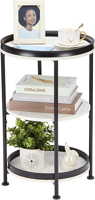 YEAKOO Industrial Nordic End Table, 3-Tier Round Side Table with Storage Shelf Edge Protection Tray, Sturdy Metal Frame Coffee Table Bedside Table for Living Room Bedroom Small Spaces/Marble