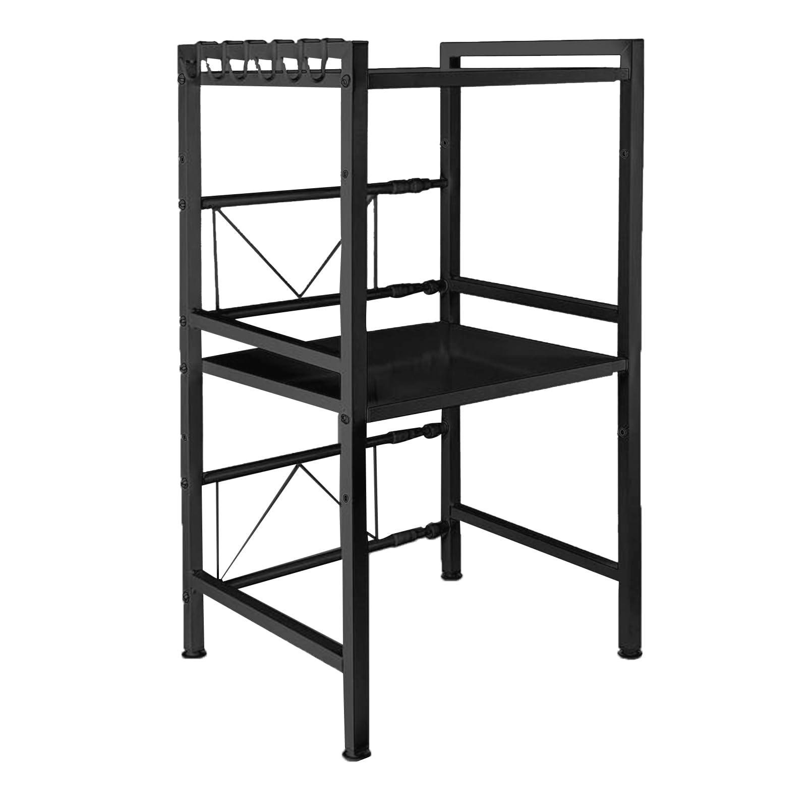 Metalowy wysuwany stojak 2-warstwowy kuchenka mikrofalowa stojak na półki kuchenne, wysuwany za pomocą haczyków, do 25 kg (40/64 x 36,5 x 78 cm, czarny)