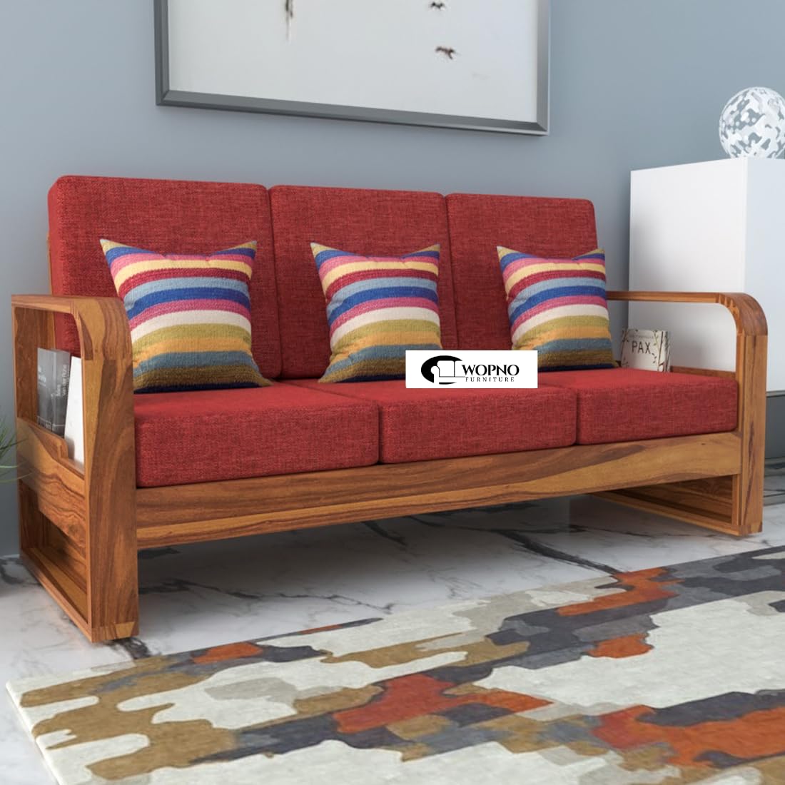 Solid Sheesham Wooden 3 Seater Sofa for Living Room | Sofa with Side Pocket Storage & Cushion | Rosewood Sofa Set for Home (Honey with Red Cushion, 3 Seater)-image-47