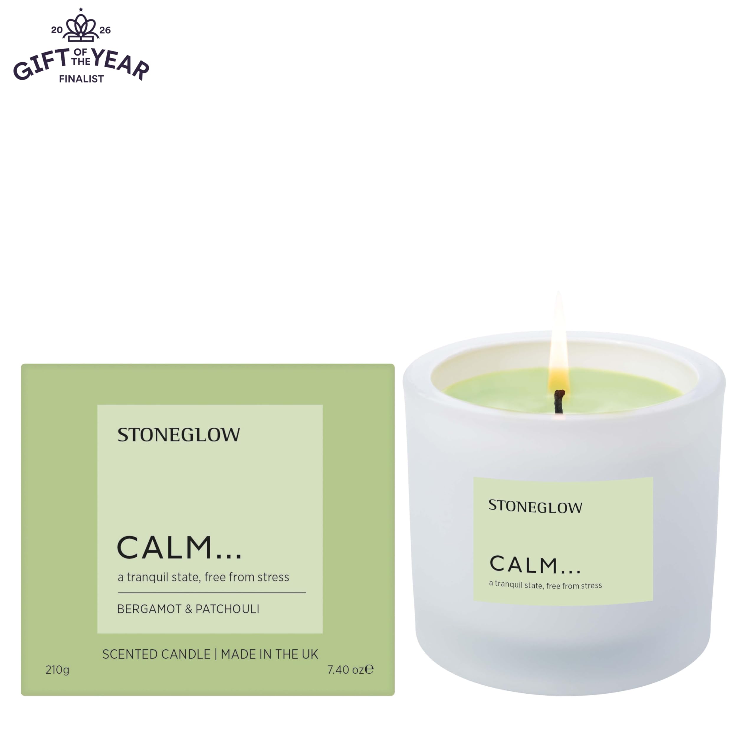 Stoneglow - Affirmations - Calm - Bergamotto & Patchouli - Candela profumata in bicchiere (79 x 89 mm) Miscela di cera di cocco e colza, candela viola, 40 ore, patchouli, eucalipto, ambra, vaniglia e