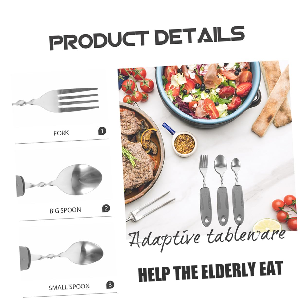 Cubiertos Portátiles 6 Piezas Mango Antideslizante y Plegable de Acero Inoxidable para Personas Mayores y Discapacidad, Utensilios Adaptables para Alimentación Diaria y Rehabilitación