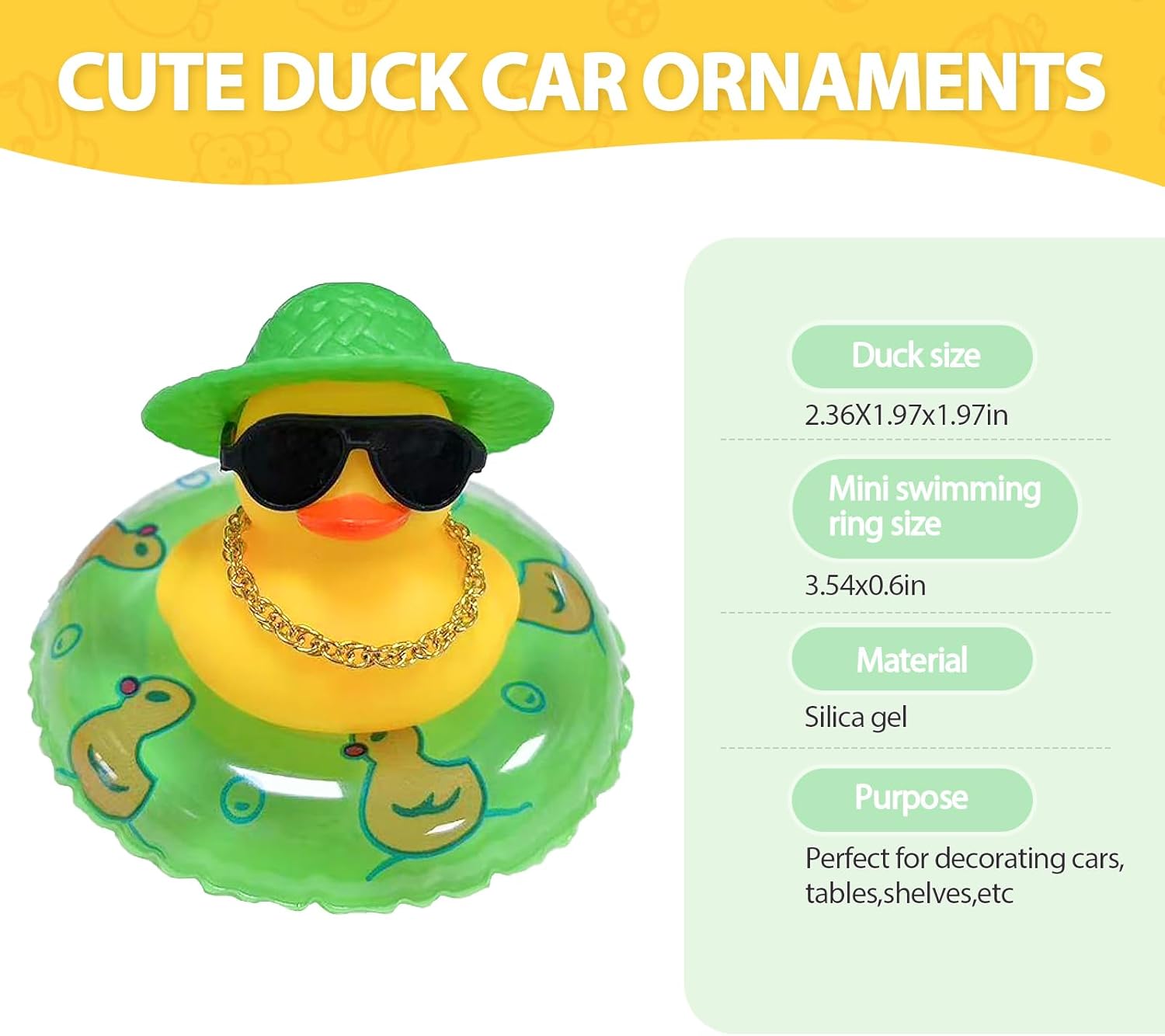 Mini Car Rubber Duck, Yellow Duck Decoration Dashboard with Sun Hat Swim Ring Necklace Sunglasses for Bathroom Car Dashboard Decorations (Green Hat-Green Duck Swim Ring)