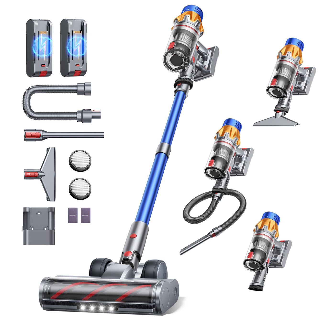 Fieety Aspirateur Balai sans Fil avec 2 Batteries, 130Min/50kPa/600W Aspirateur sans Fil Puissant, Tuyau Extensible, Brosse Canapé, Parfumé, Mode Automatique pour Sols Durs, Tapis, Animaux et Voiture