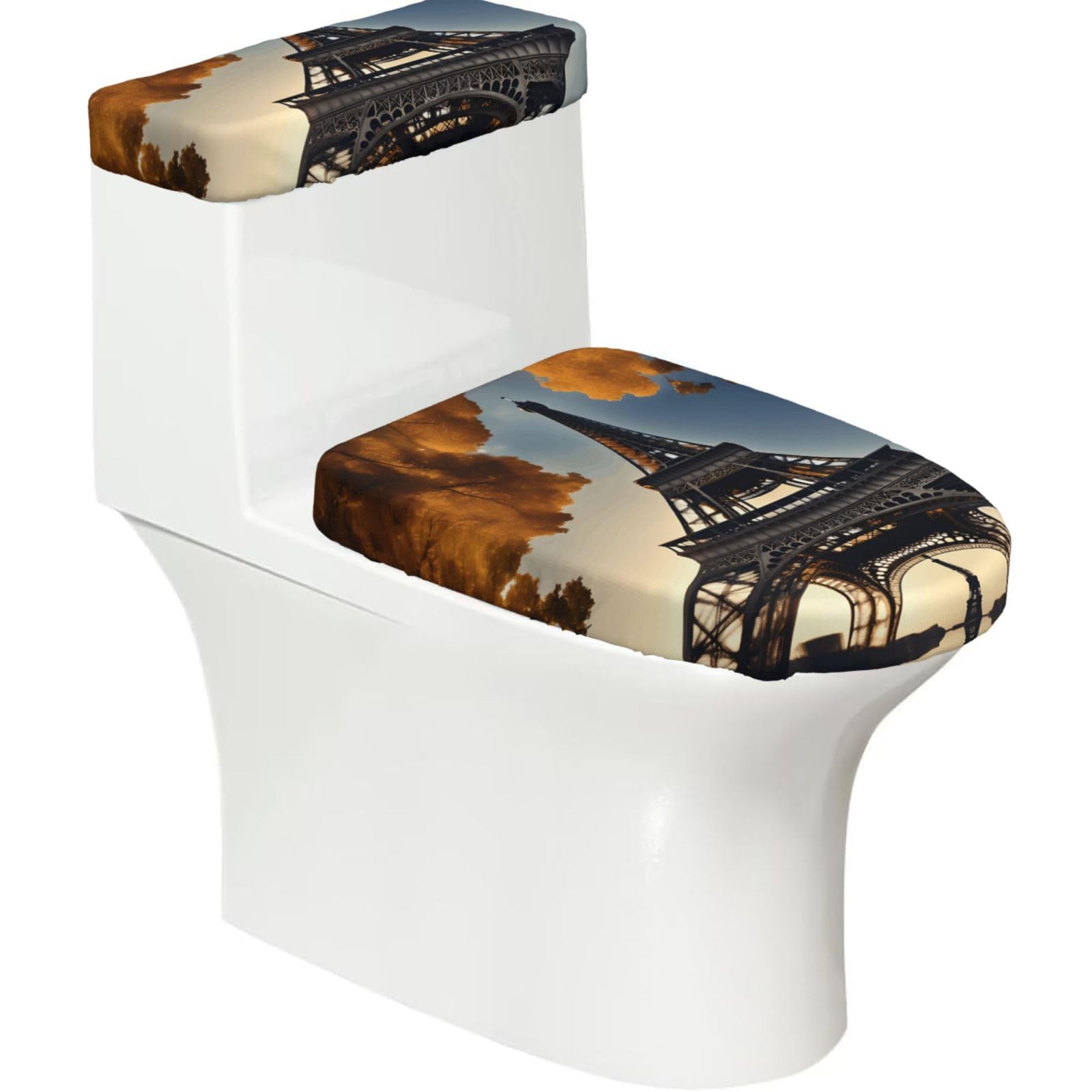 Beautiful Eiffel Tower Paris Printed Toilet Tank and Lid Cover Set of 2 for Most Bathrooms, Fits Elongated Round Toilets
