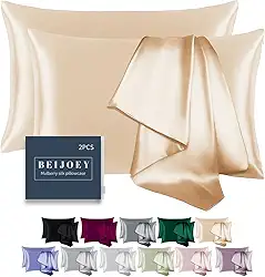 Fronhas 100% seda de amoreira, pacote com 2 para cabelo e pele, com zíper oculto, ambos os lados 19 Momme 600 fios, capa de almofada de seda natural, macia e respirável (bege, padrão 50 x 66 cm)