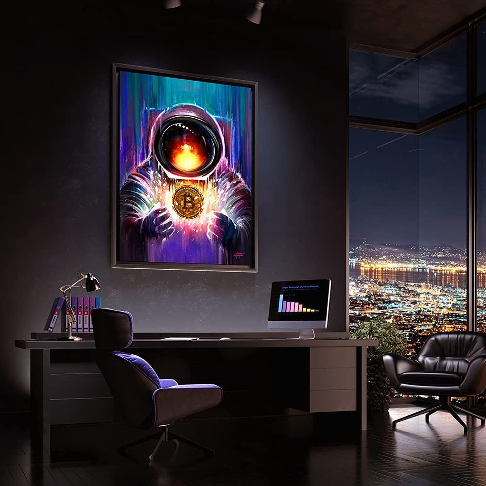 Inktuitive 'Bitcoin Spaceman’ Inspirational Wall Art - Crypto Money Canvas Wall Art | Billion Dollar Art | Money Art Wall Decor for Office, 24x18 in (No Frame)