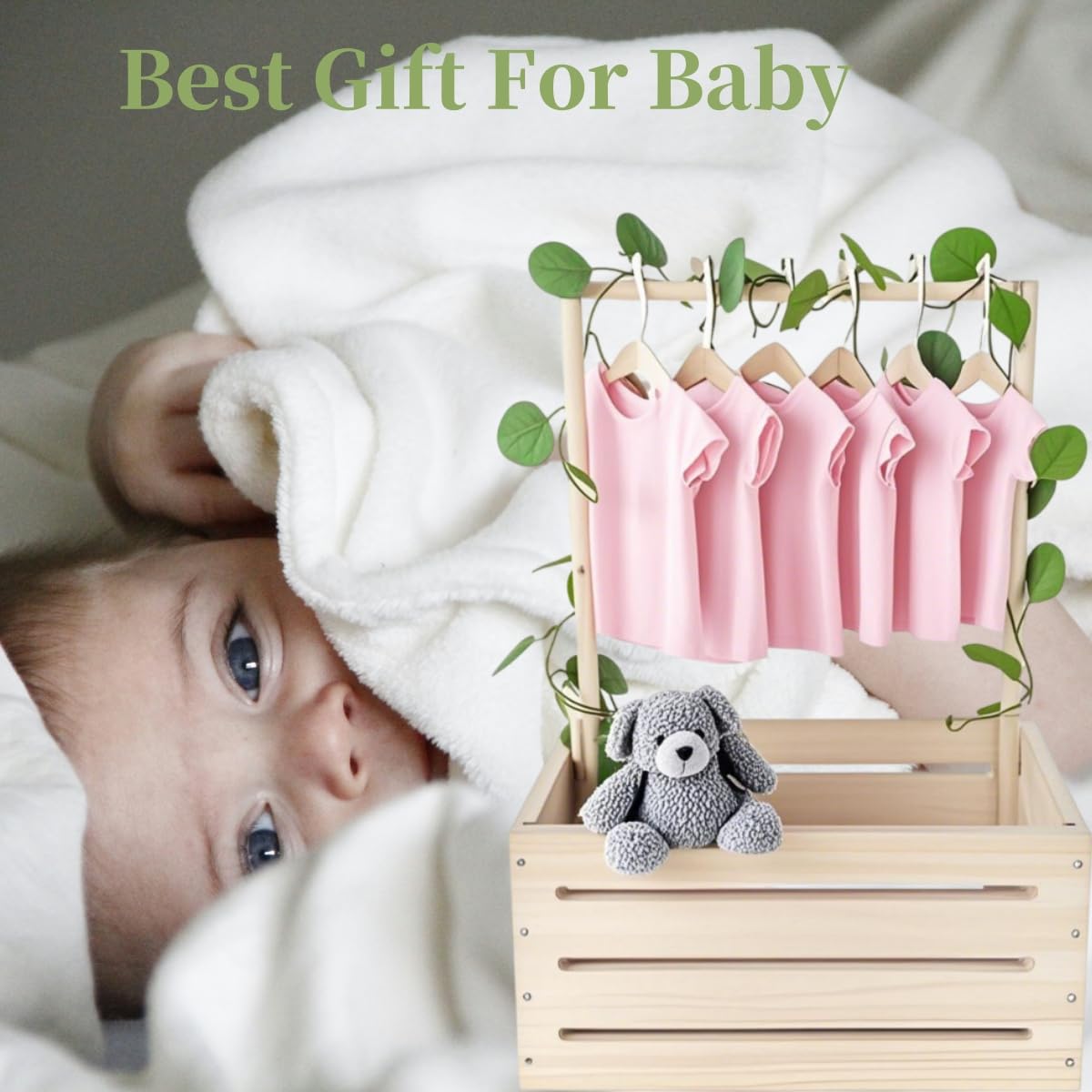 Cesta de madera para bebé, caja de almacenamiento con asa, barra de ropa y hojas de eucalipto, regalo de bienvenida para recién nacidos, niños y niñas, fácil montaje, madera natural