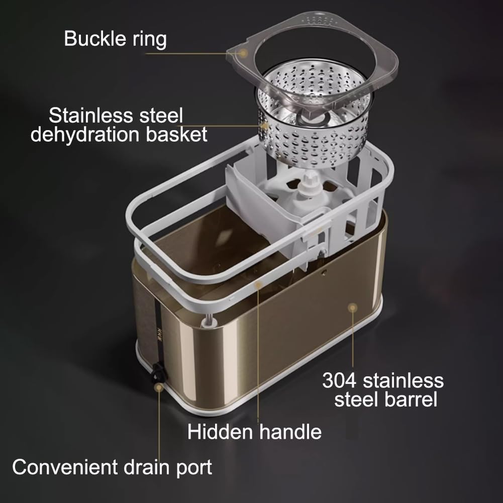 Scopa E Secchio, Set Di Strizzatori in Acciaio Inox, Scopa Da Terra in Microfibra Con 5 Teste Riutilizzabili, Con Ruote Universali Nascoste, Adatta A Tutti I Pavimenti Duri