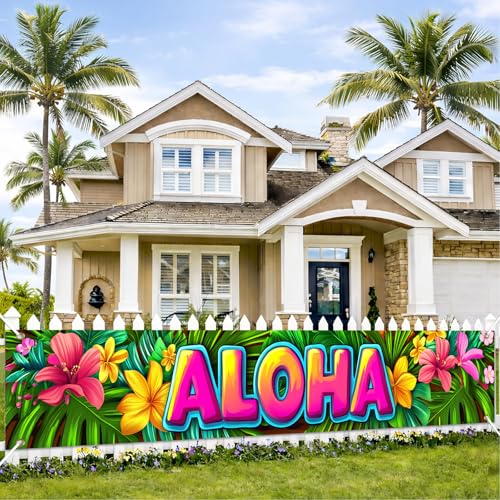 Image of HOMETITUTE Aloha Banner Luau Decorations 79 x 18 inch Hawaiian Banner Tropical Hello Summer Backdrop Aloha Sign for Pool Party Backyard Summer Beach Tiki Bar Outdoor Photo Booth