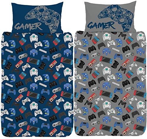 GAMER Juego de funda de edredón individual, diseño de mando de videojuegos, juego de cama reversible, polialgodón