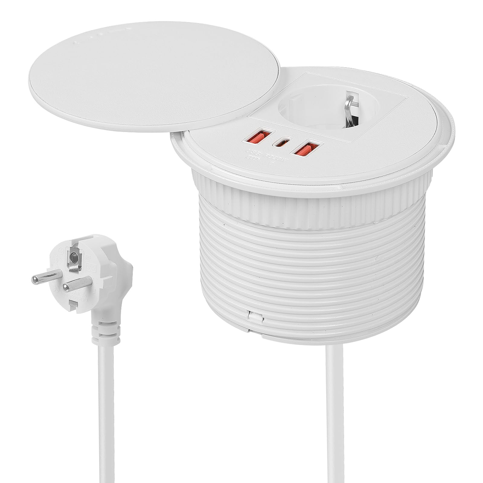 Presa da incasso con coperchio, presa da tavolo con 1 Schuko e 1 connettore USB-A e 1 connettore USB-C e cavo di alimentazione da 1,5 m, prese per foro da tavolo da 80 mm