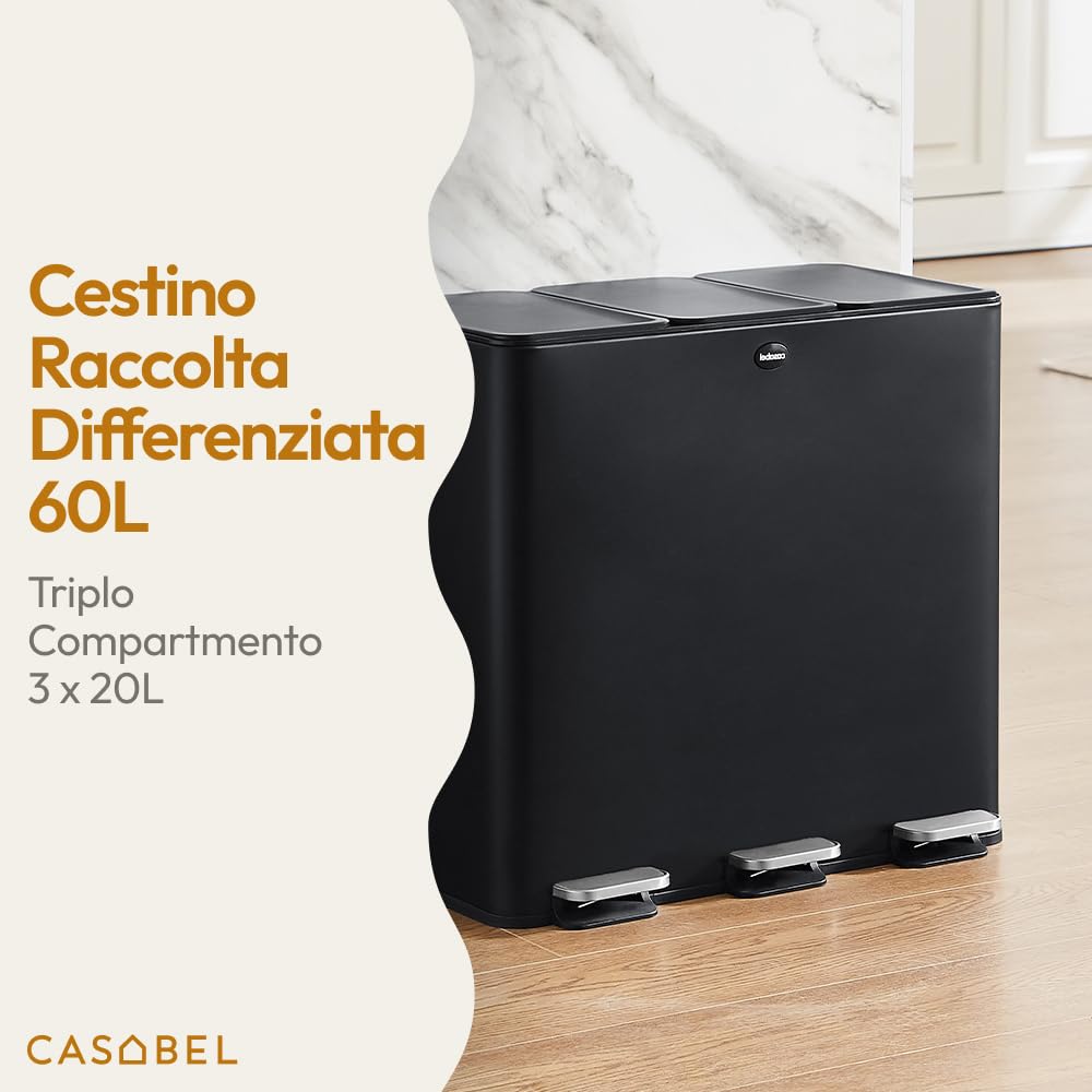 CASABEL Pattumiera Differenziata 3 Scomparti 3x20L, in Acciaio Inox Nero, Secchio Spazzatura - Pattumiera da Cucina per Riciclaggio Rettangolare a Pedale - Bidoni Differenziata da Interno