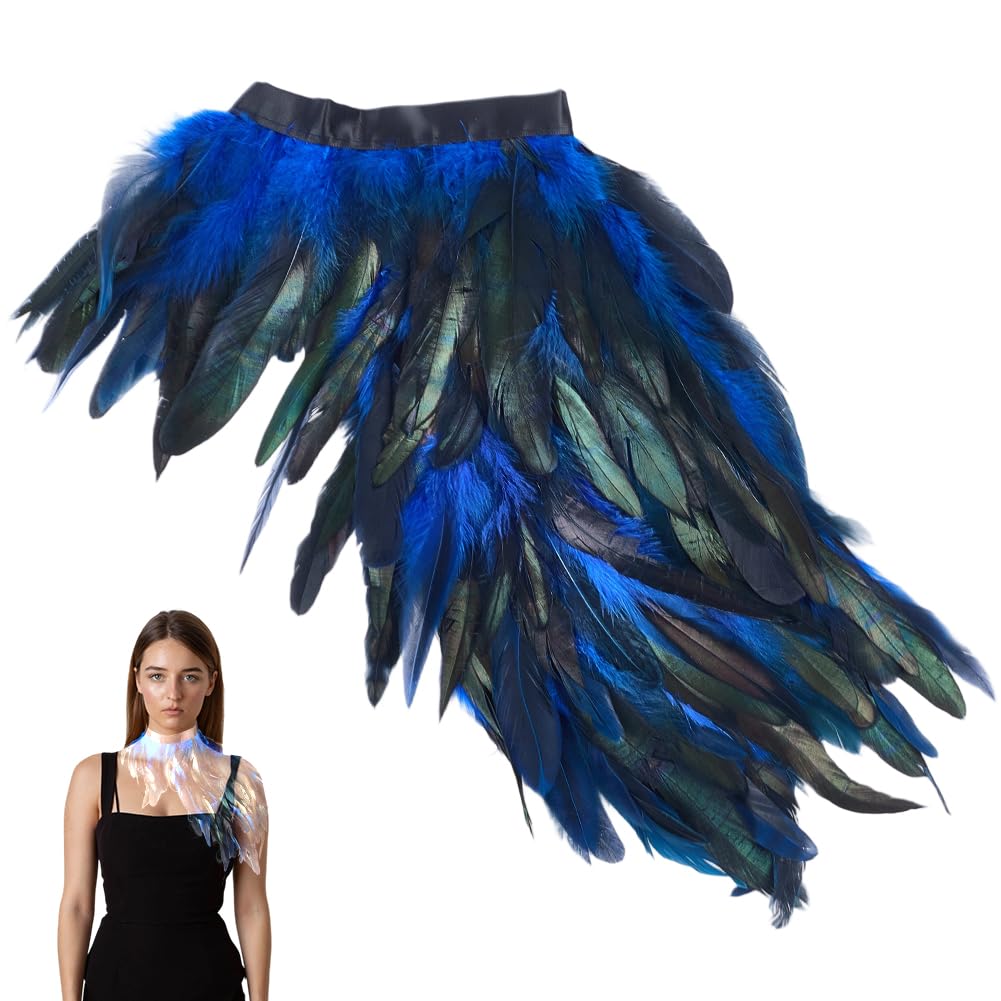 GORGECRAFT Gothic Feather Cape Shawl Feather Capelet Witch Wings Collar Natural Feathers Cape Shrug Halloween Raven Costume Peacock Adult Costumes for Women Men Easter New Years Eve Dodger Blue