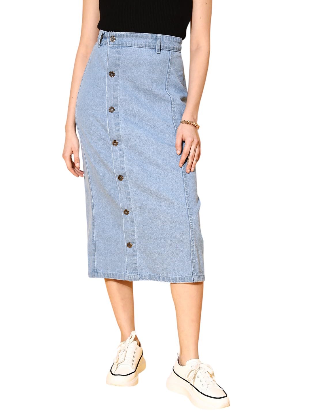 sassafras Ice Blue Denim Front Button Midi Pencil Skirt-picture-19