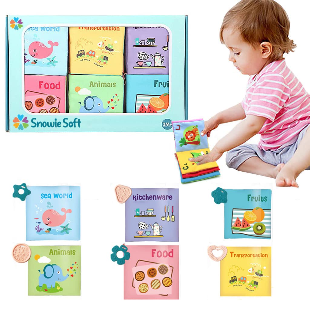 SNOWIE SOFT® Baby Cloth Book Kit with Soft Silicone Teether, Skin Friendly Baby Cloth Book,Educational Cloth Book 6 Subjects Baby Gift Toy for Baby Toddler 3-6 Months