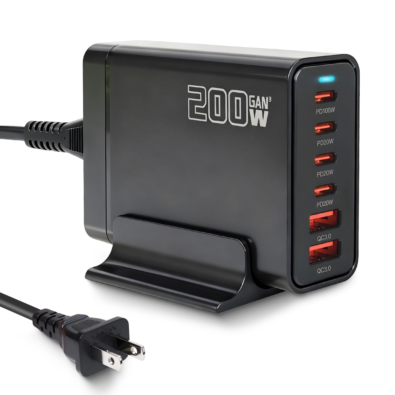 200W USB C Charger, GaN Ⅲ PD 100W 6-Port Charging Station for Multiple Devices, Portable Laptop Fast Charging, Adapter for iPad iPhone 17 16 15 14 13 12, MacBook Pro Galaxy, 5ft Cord