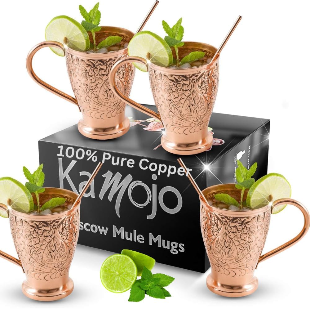 Kamojo Moscow Mule Copper Mugs Set of 4 with Unique Handcrafted Embossed Design with Anti-Tarnish Food-Grade Coating - Copper Cups Gift Set with 4 Straws & Recipe E-Book, 16 oz