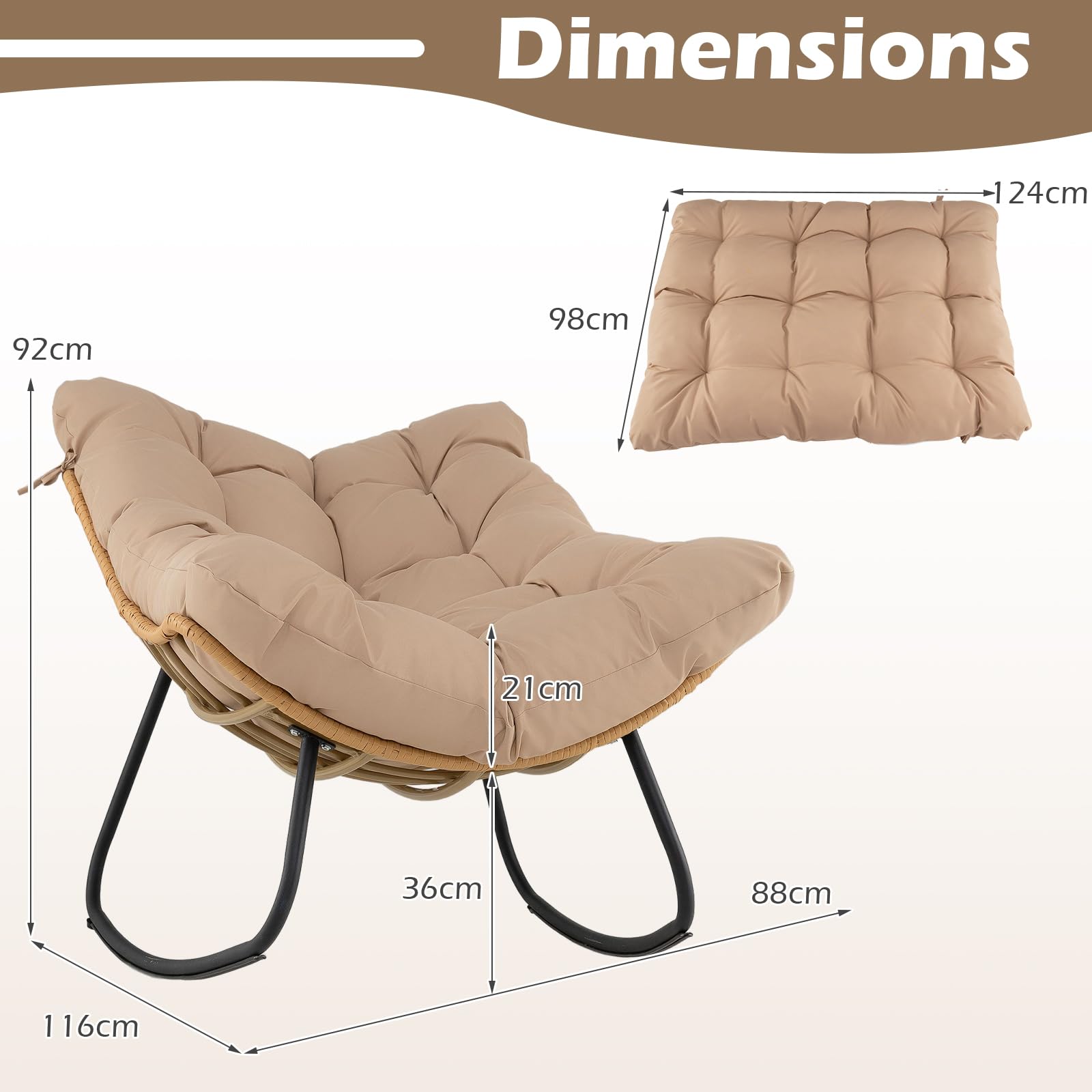 COSTWAY Fauteuil à Bascule Exterieur Interieur XXL, Fauteuil de Jardin en Rotin PE Tressé, Cadre en Métal, Coussin Épais Amovible, Rocking Chair pour Balcon Salon Porche, Charge 140 kg (Beige)