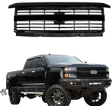Gloss Black Front Grill Compatible with Chevy Silverado 2500HD/3500HD 2015 2016 2017 2018 2019 Models, No Emblem