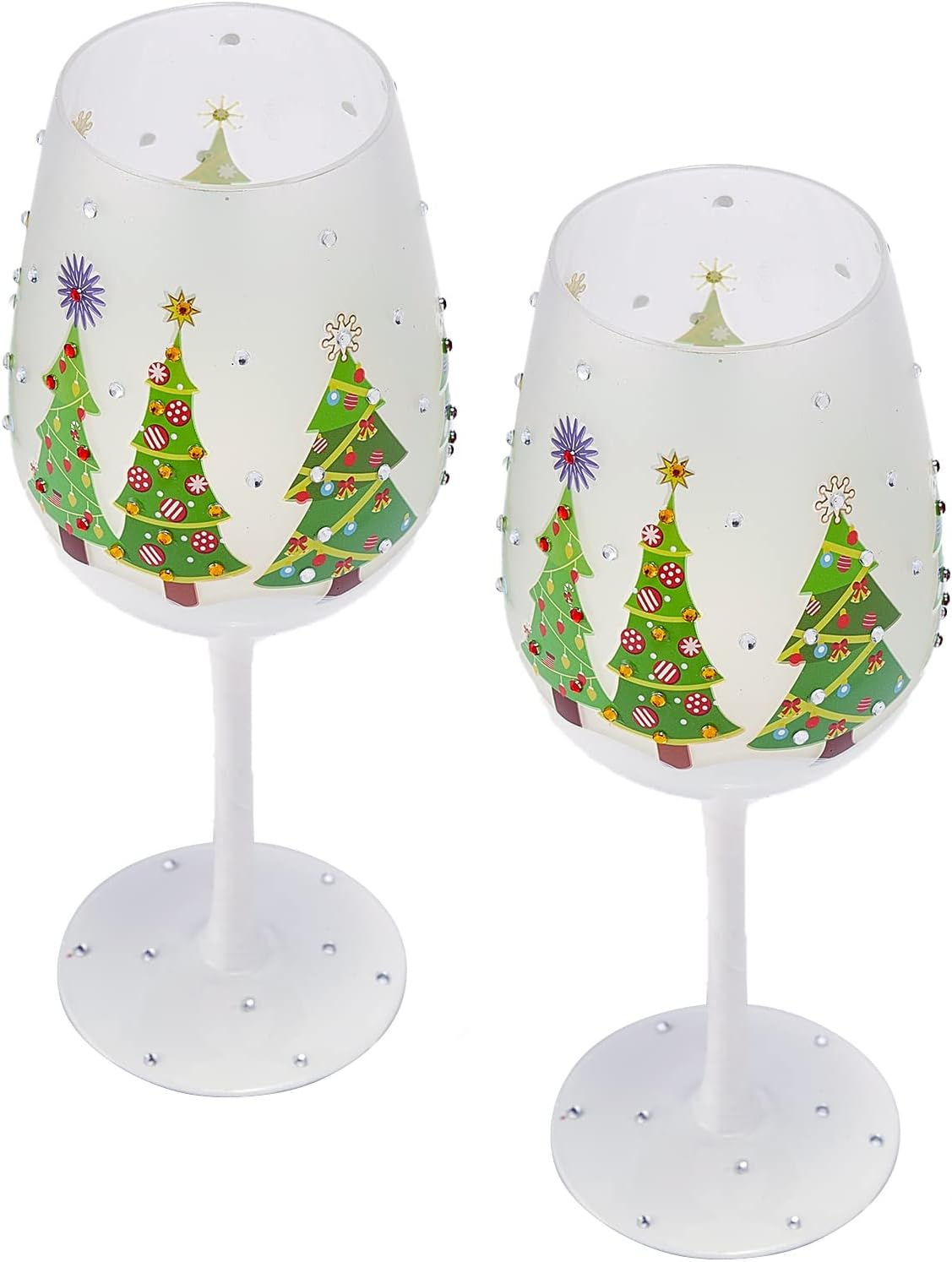 Winter Tree Design Stemmed Wine Glasses Set of 2, 17.5oz Elegant Red Green Yellow Silver Drinkware, Decorative Glassware for Party Wedding Entertaining Table Display - Image 5
