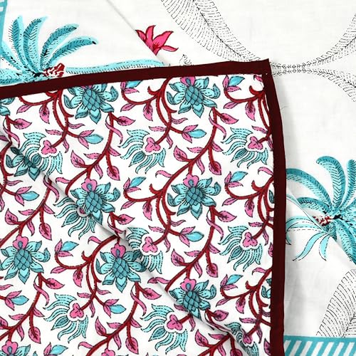 Image of BLOCKS OF INDIA Hand Block Printed Cotton Single Size Reversible Malmal Dohar for Summer (Turq Tree)