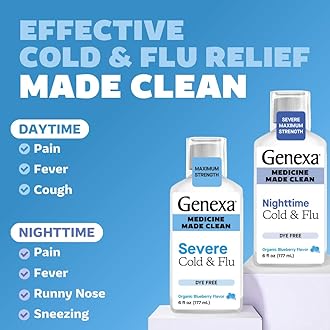 Genexa Clean Day + Night Cold & Flu Relief, Max Strength, Dye Free, 0% Artificial Additives, Acetaminophen Fever Reducer, Cough Suppressant, Antihistamine, Organic Blueberry Flavor, 12 fl oz (2 Pack)