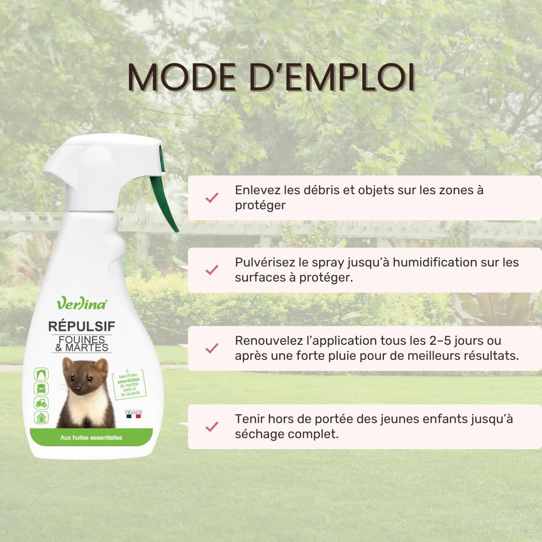 Répulsif Fouines et Martres, Spray 500 ml, Protection Naturelle à la Menthe Poivrée et Lavande, pour Intérieur et Extérieur
