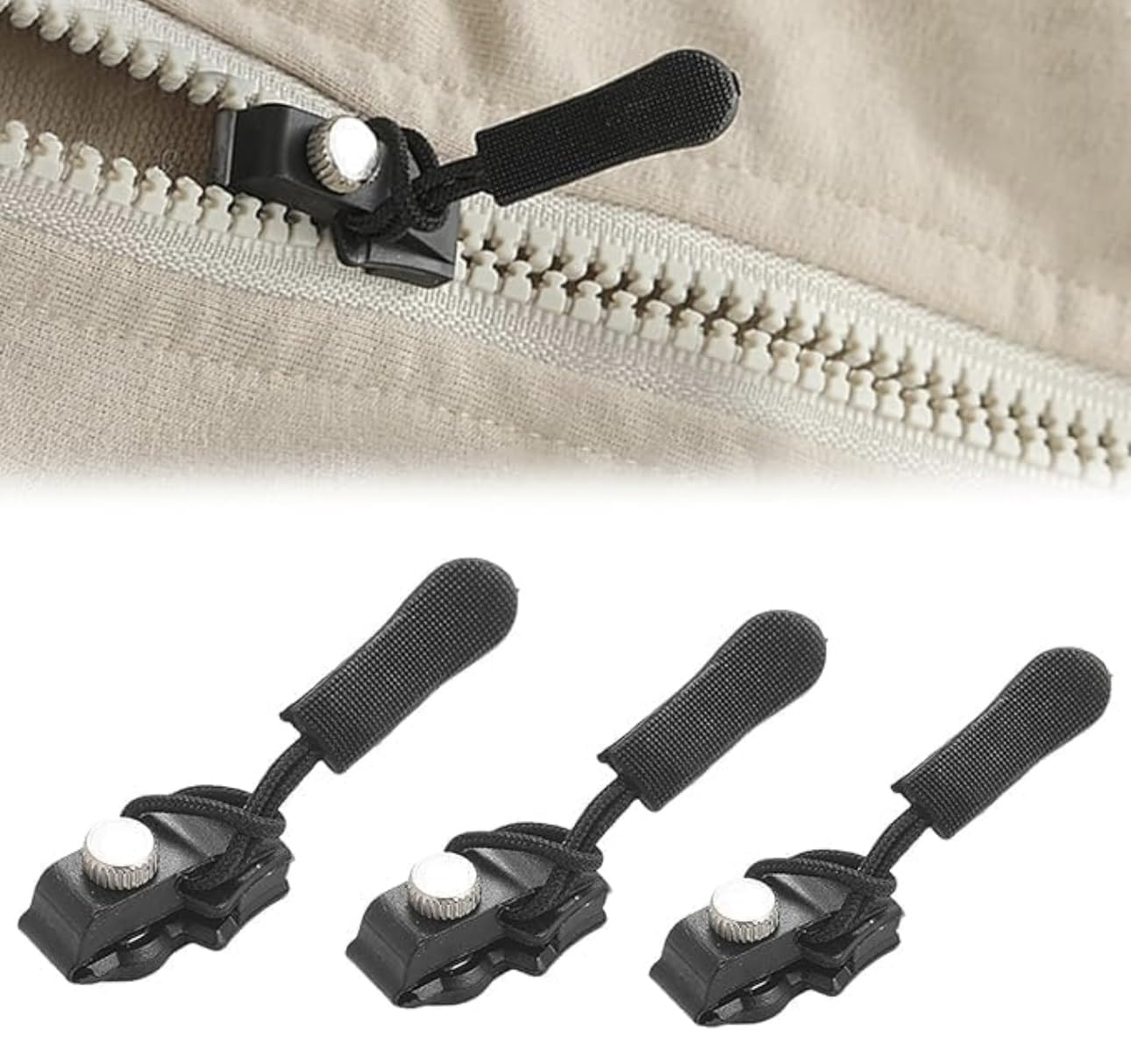 RIDHMIN 3 pcs Zipper Repair Kit, Instant Zipper Sliders with Nylon Pull Tabs Cords, Replacement Plastic Zipper Pull for Sliding Teeth, Universal Screw Fix Removable Zippers for Bags, Garments