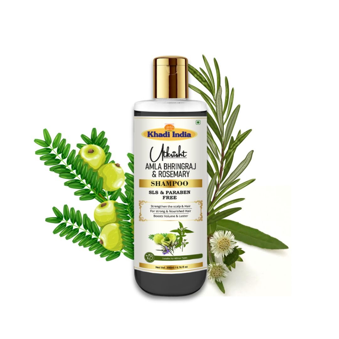 Utkrisht Khadi Amla Bhringraj & Rosemary Shampoo/Cleanser 200ml | Natural & Herbal Shampoo for Dandruff, Hair fall & Itchy, Oily Scalp | Paraben & Sulphate Free | For All Hair Types | Men & Women