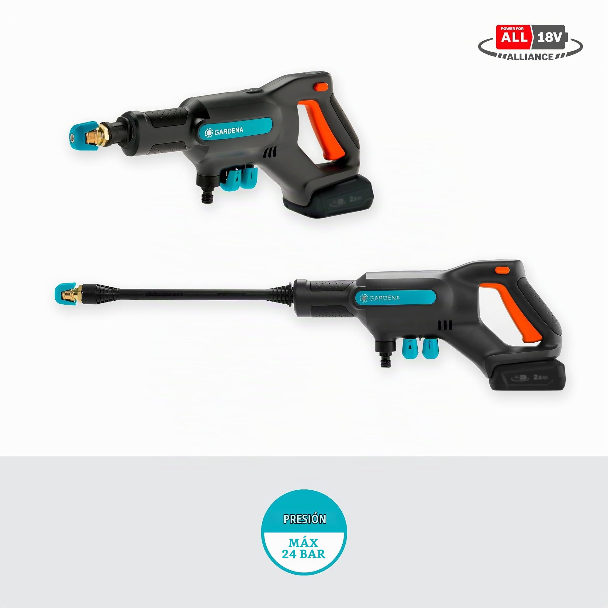 Gardena Hidrolimpiadora a presión media AquaClean 24/18V P4A Premium Set: Accesorios adicionales, Presión de agua ajustable, Accesorios de tobera, 3 modos de limpieza, Sin cable (14800-31)