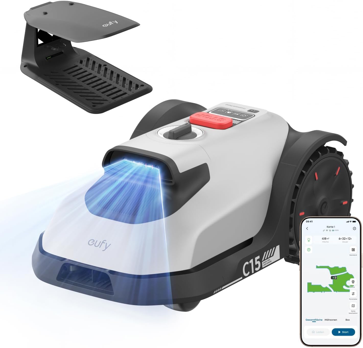 Robot koszący eufy C15, bezprzewodowy, bez RTK, bez problemów z sygnałem, automatyczne mapowanie, precyzyjne omijanie przeszkód, niezawodna pielęgnacja trawnika, bezproblemowe użytkowanie