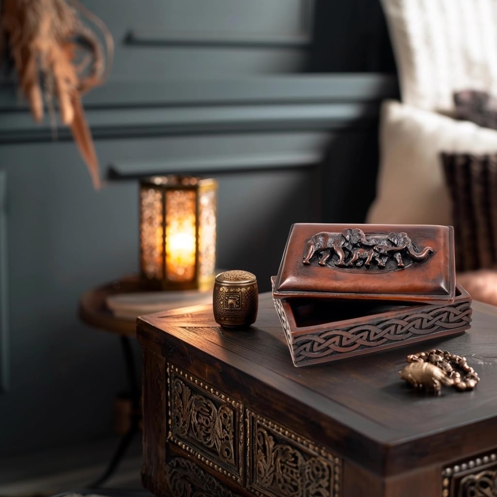 IYARA CRAFT Resin Elephant Family Keepsake Box – Hand-Carved Jewelry & Trinket Storage with Symbolic Elephant Design, Rustic Brown Vintage Finish, Gift for Loved Ones