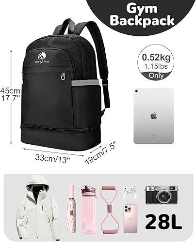 Miniatura 2 de Mochila de gimnasio de 28L, bolsa de gimnasio grande, mochila de entrenamiento, mochilas deportivas compactas para bailar y nadar, Negro -, 28 l,