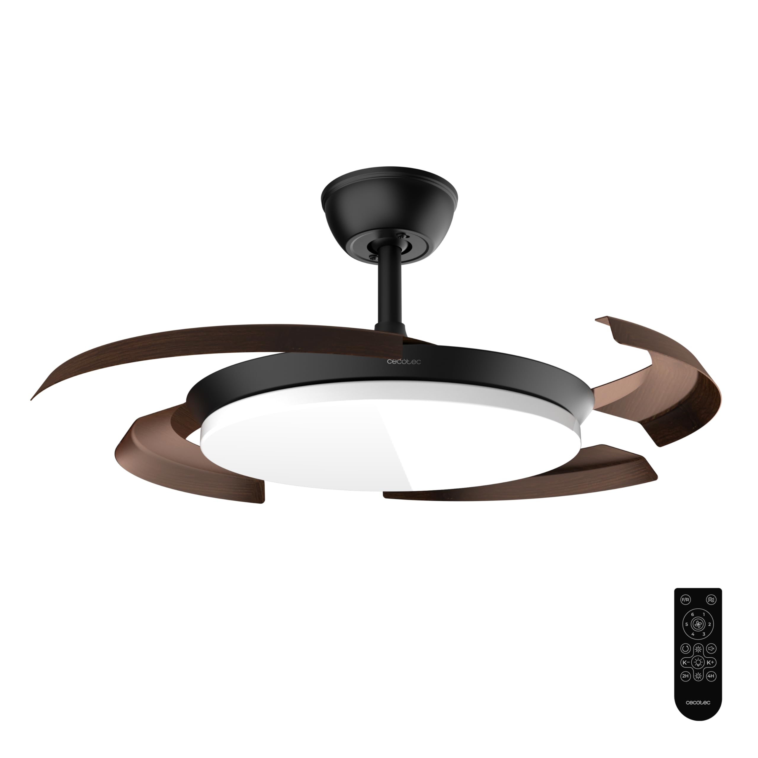 Cecotec EnergySilence Aero 4500 Puzzle Invisible Black&DarkWood Ceiling Fan with Retractable Blades, 30W, DC Motor, Diameter 42", LED Light, Remote Control, Timer, Summer/Winter Function