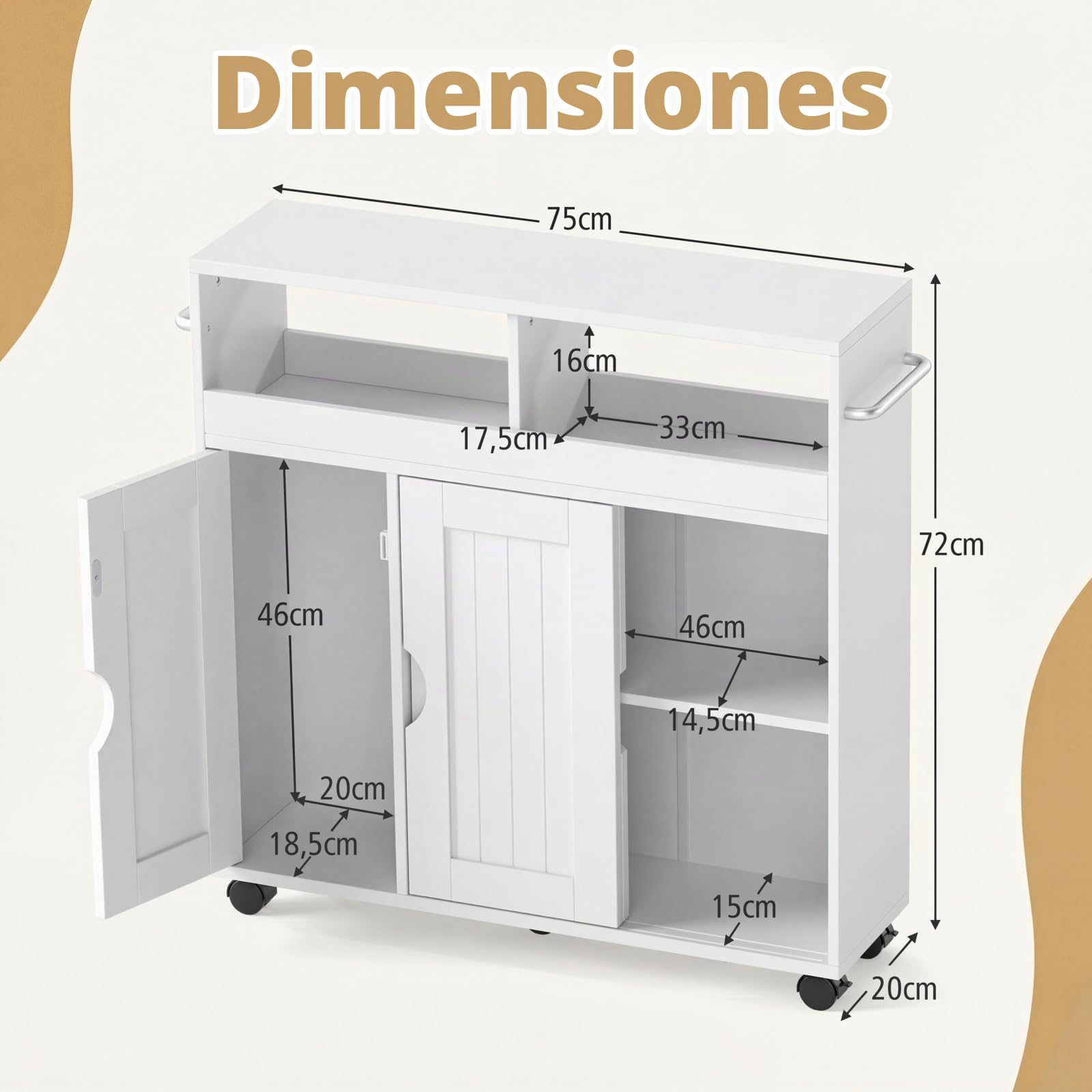 COSTWAY Armario de Baño con Ruedas, Carrito Delgado Lateral con Estante Ajustable y Toalleros, Puertas Correderas, Unidad de Almacenamiento Independiente para Sala, Cocina Entrada, Blanco, 75x20x72 cm