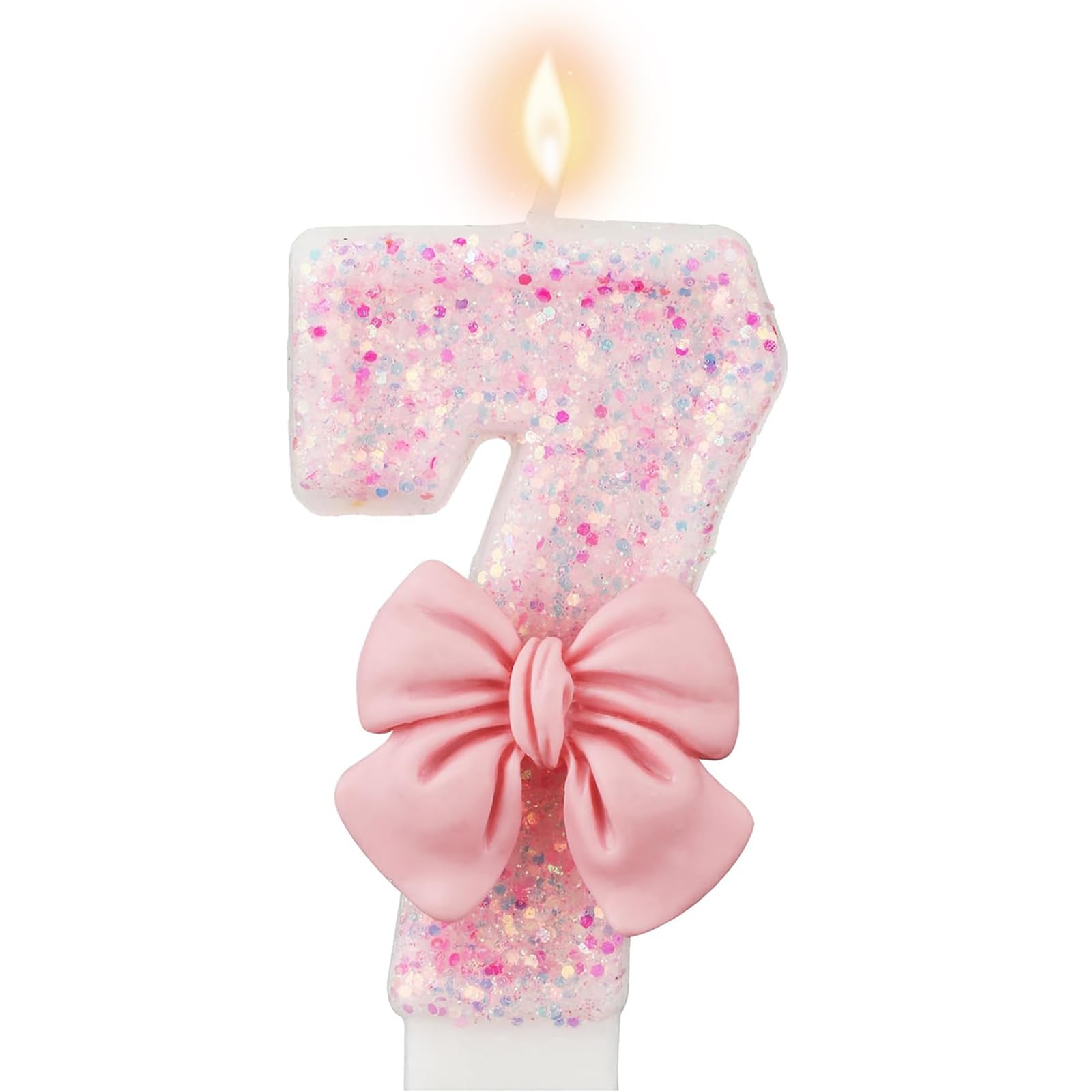 Pink Number 7 Birthday Cake Candle, 2.9 Inch Glitter Pink Number Bow Candle, Girl 7th Birthday Cake Topper Decoration Supplies