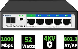 Goalake 6 Port Gigabit Ethernet Unmanaged PoE+ Switch, 4 Gigabit PoE+ @52W, 1 Gigabit Uplink, 1 Gigabit SFP Slot, 802.3af/at, VLAN Mode, AI Detection, Ideal for IP Surveillance and Access Point