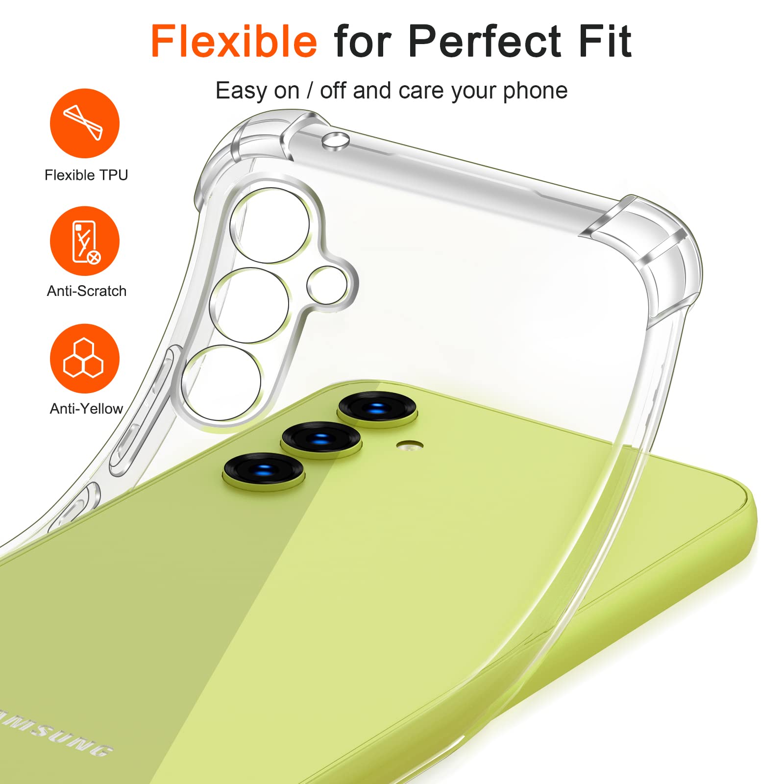 iVoler Cover per Samsung Galaxy A34 5G, Antiurto Custodia con Paraurti in TPU Morbido e 3 Pezzi Pellicola Vetro Temperato, Ultra Sottile Trasparente Silicone Protettiva Case