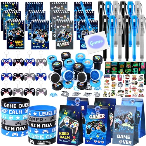 Mishopy 84Pcs Video Game Party Favors Birthday Supplies Kids Boys Invisible Ink Pen Notebook Silicone Bracelet Stamper Tattoo Sticker Gaming Toy Gift Bag Goodie Bag Stuffers Gamer Party Favors