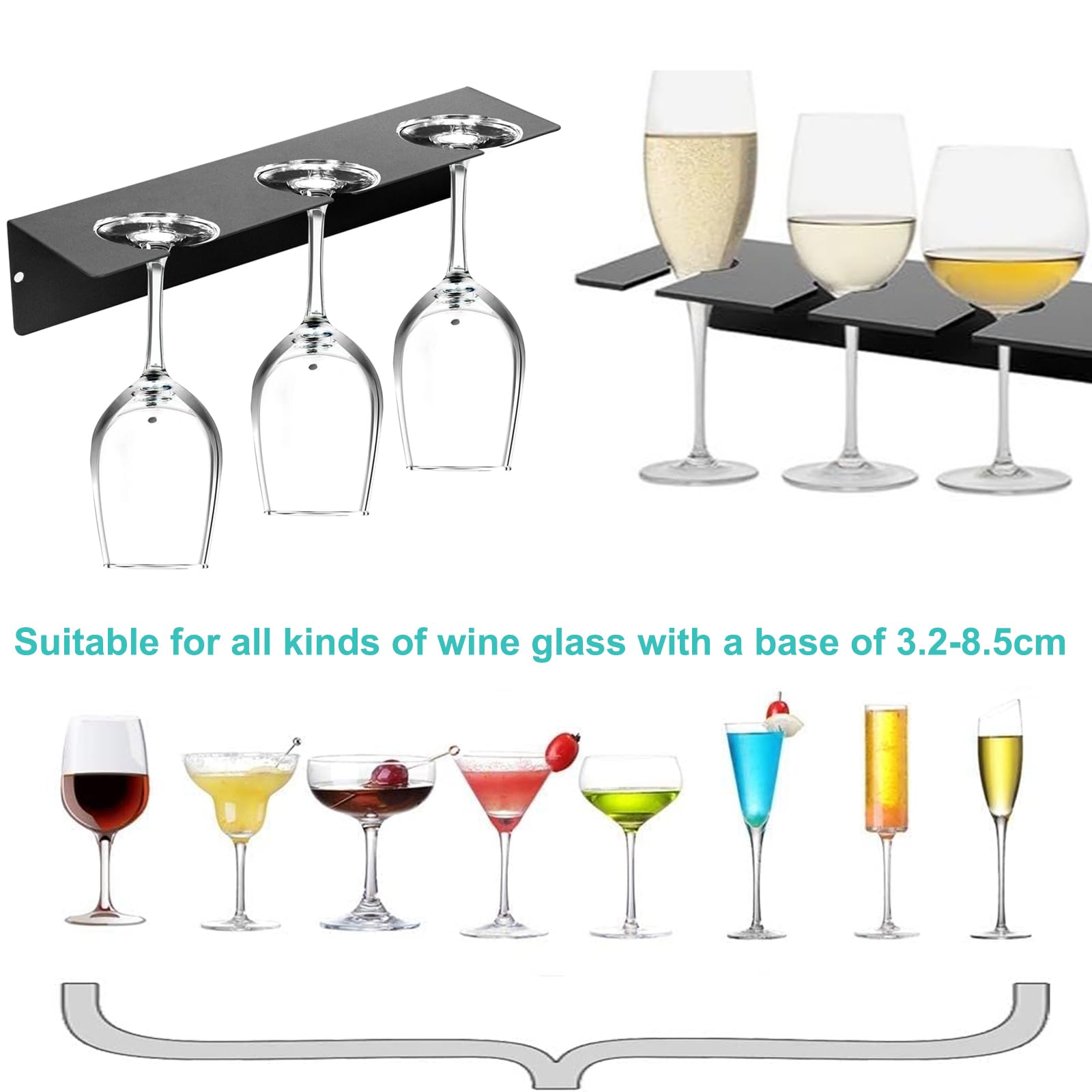3 Pezzi Porta Bicchiere da Vino Sospeso Supporto per Calici da Vino Metallo Portabicchieri Sospeso da Parete Senza Foratura Portacalici Sottomensola per Cucina Bar Ristorante (Nero)